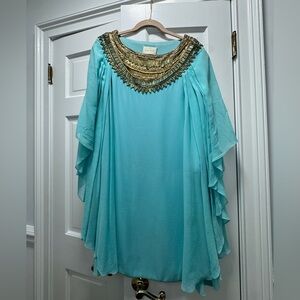 Marchesa Turquoise Dress with Gold collar Embellishments size 6 goddess $6000